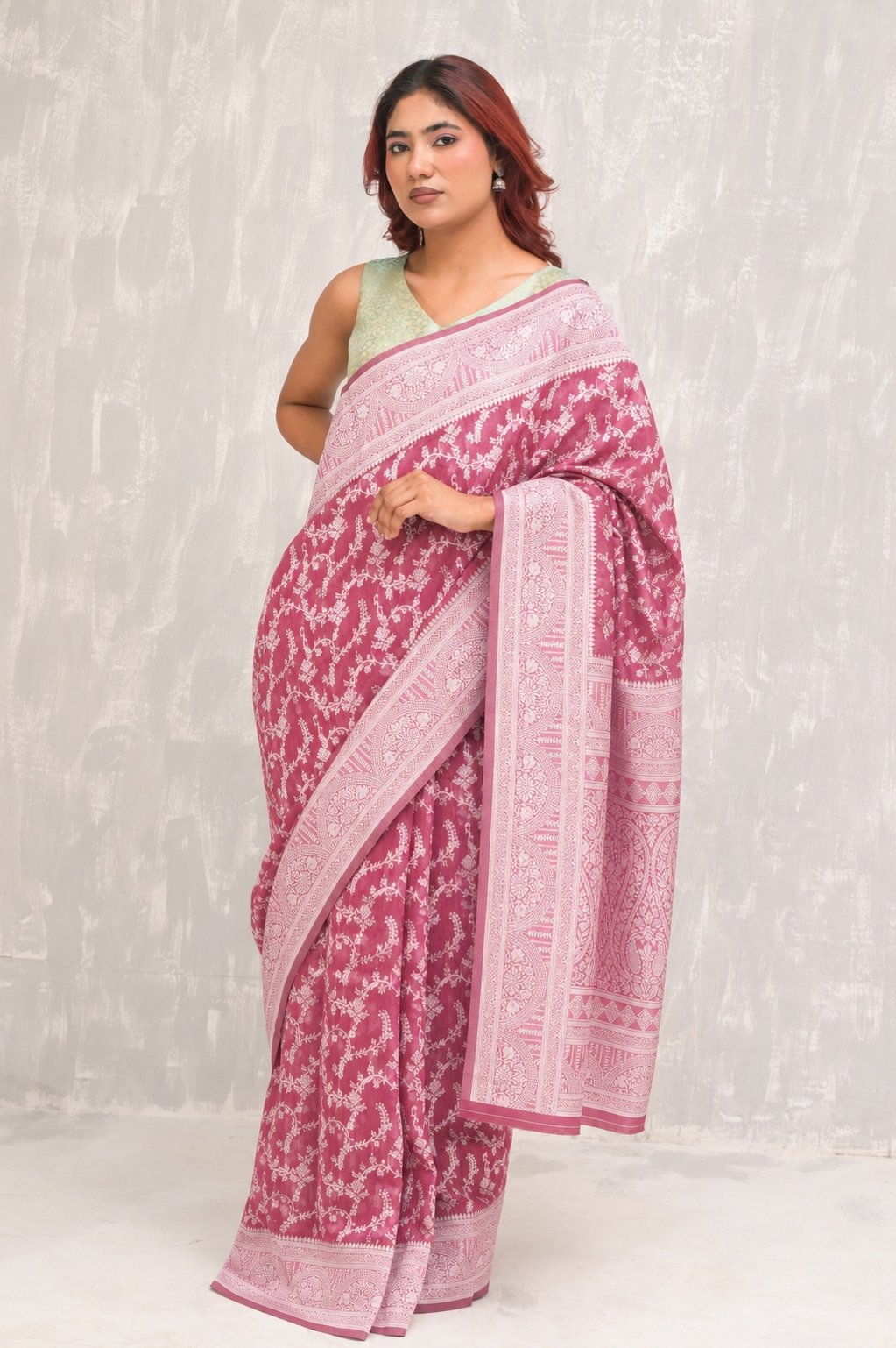 Leaf Jaal Magenta Pure Cotton Saree With Strip Blouse